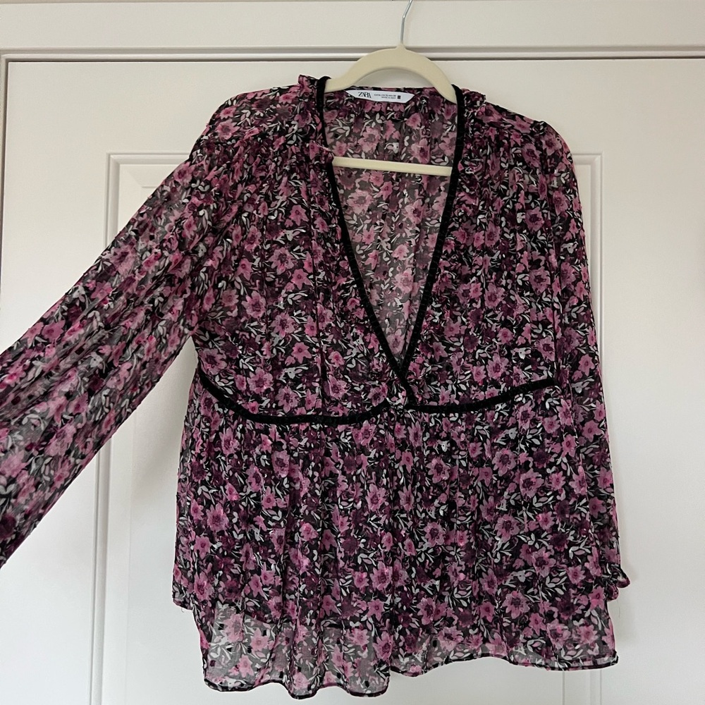 Zara Womens Floral Sheer Blouse - Pink and Black, size XL